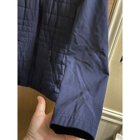 New Balance Quilted Fleece Running Jacket Navy Hooded Zip Side Pockets Sz Small - Picture 5 of 16